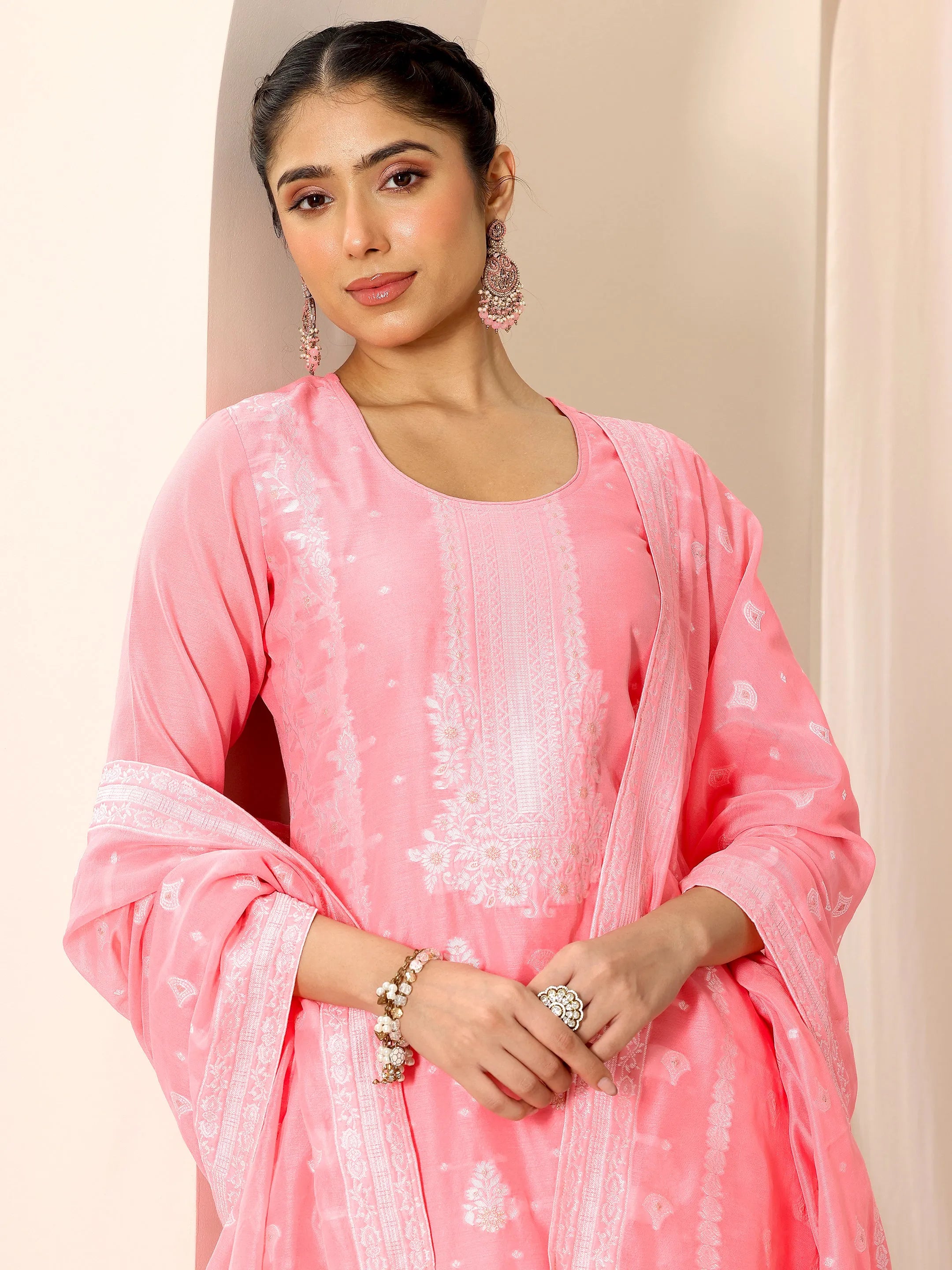 libas Pink Woven Design Chanderi Silk Straight Suit Set With Dupatta-picture-46