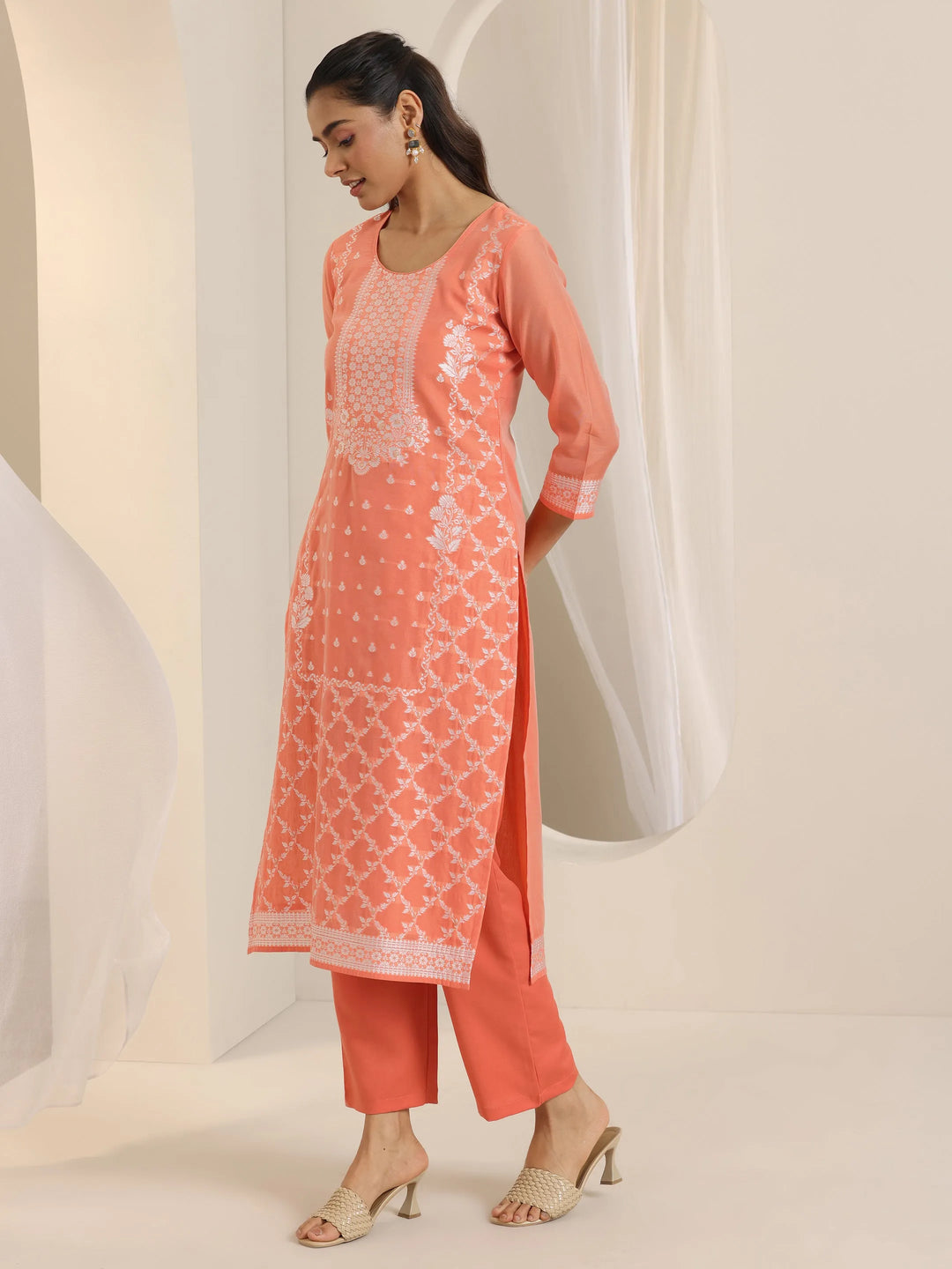  Orange Woven Design Chanderi Silk Straight Suit Set With Dupatta 