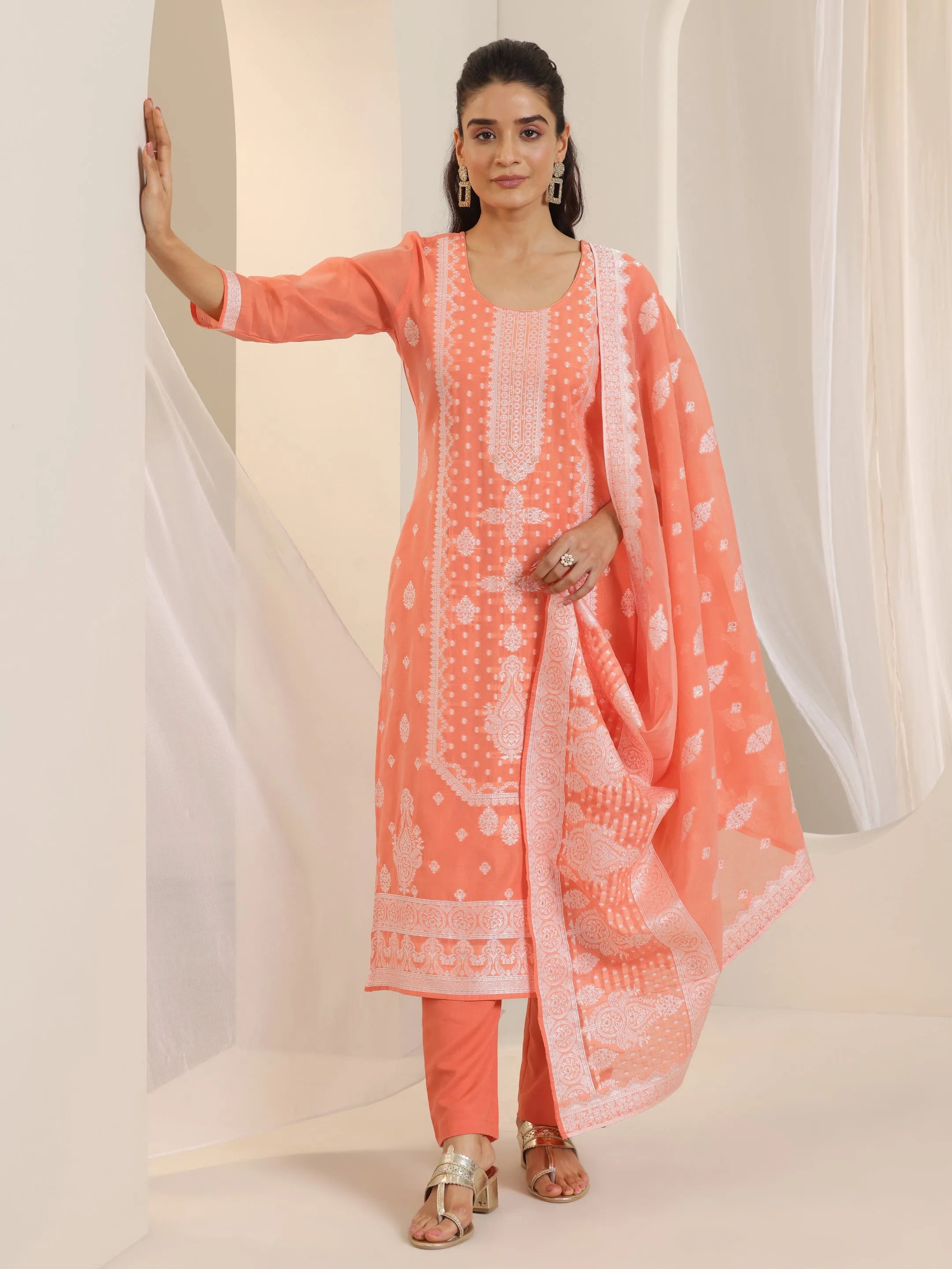 libas Orange Woven Design Chanderi Silk Straight Suit Set With Dupatta-picture-56