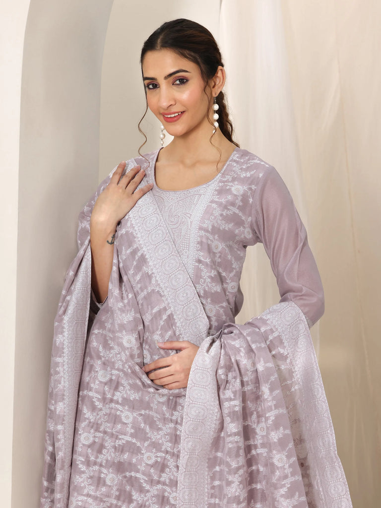Libas Mauve Woven Design Chanderi Silk Straight Suit Set With Dupatta