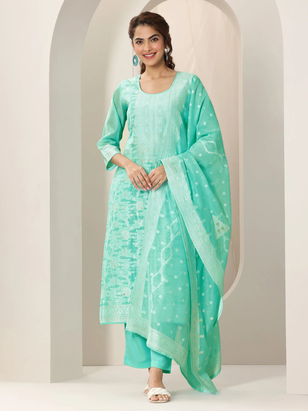  Turquoise Blue Woven Design Chanderi Silk Straight Suit Set With Dupatta 