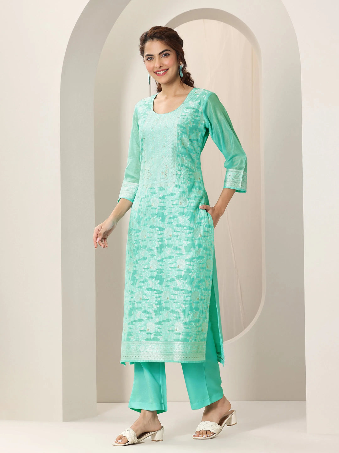  Turquoise Blue Woven Design Chanderi Silk Straight Suit Set With Dupatta 