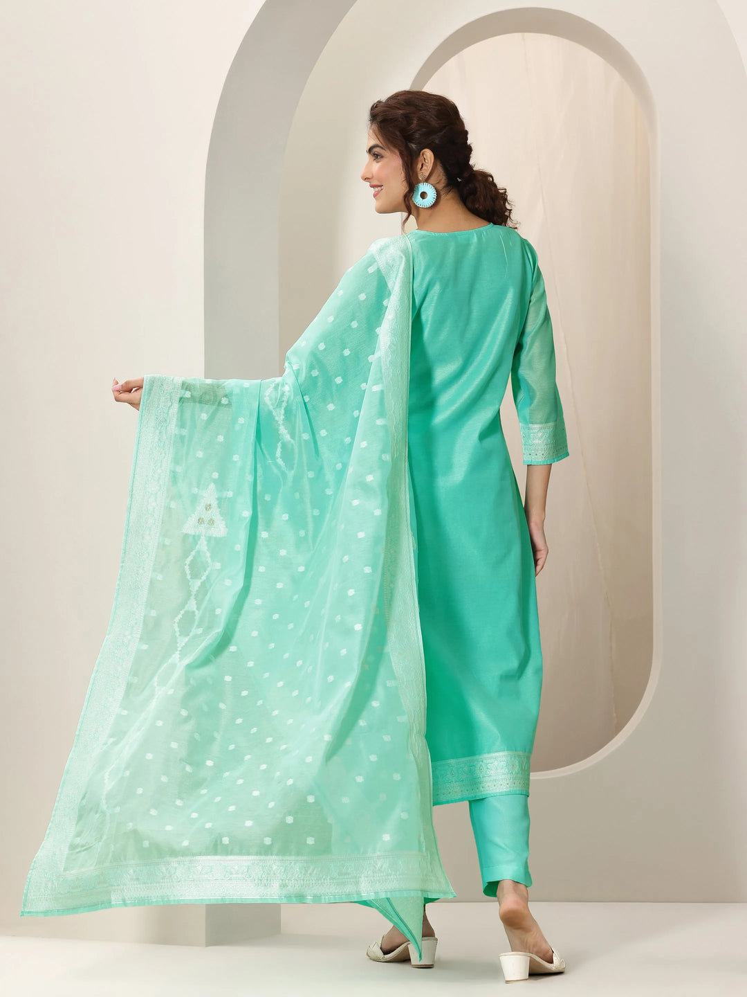  Turquoise Blue Woven Design Chanderi Silk Straight Suit Set With Dupatta 