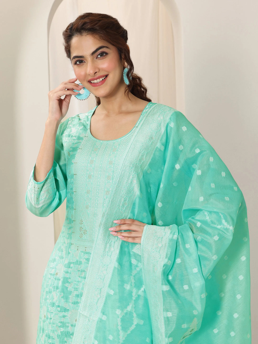  Turquoise Blue Woven Design Chanderi Silk Straight Suit Set With Dupatta 