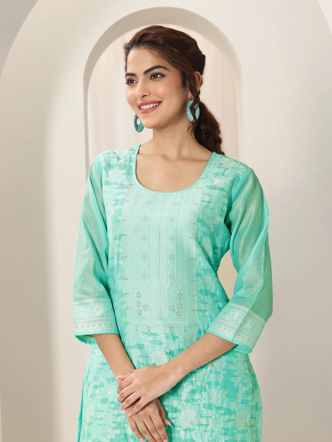  Turquoise Blue Woven Design Chanderi Silk Straight Suit Set With Dupatta 