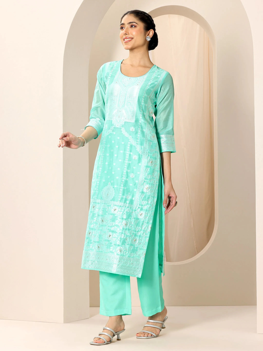  Turquoise Blue Woven Design Chanderi Silk Straight Suit Set With Dupatta 