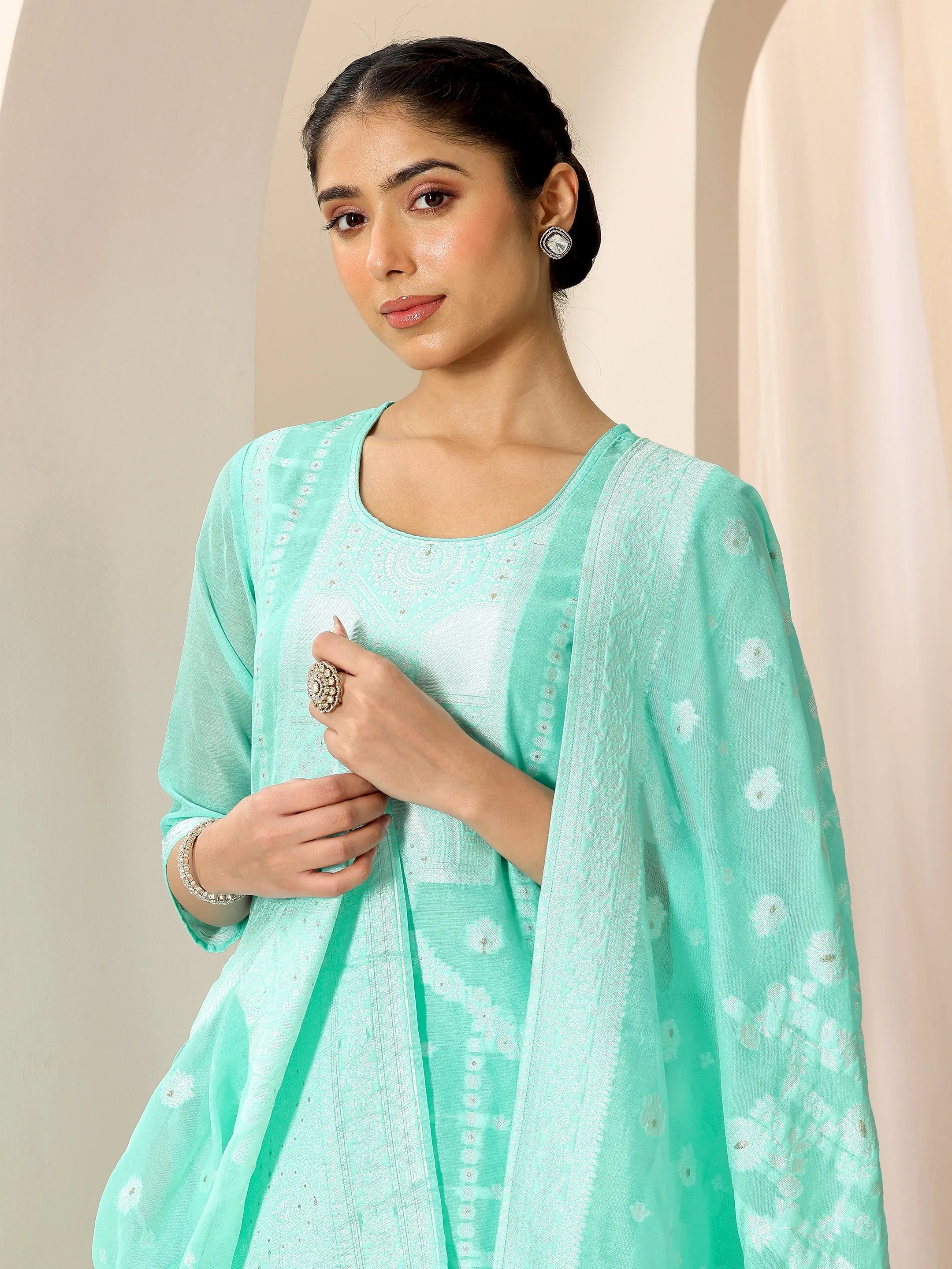 libas Turquoise Blue Woven Design Chanderi Silk Straight Suit Set With Dupatta-picture-26
