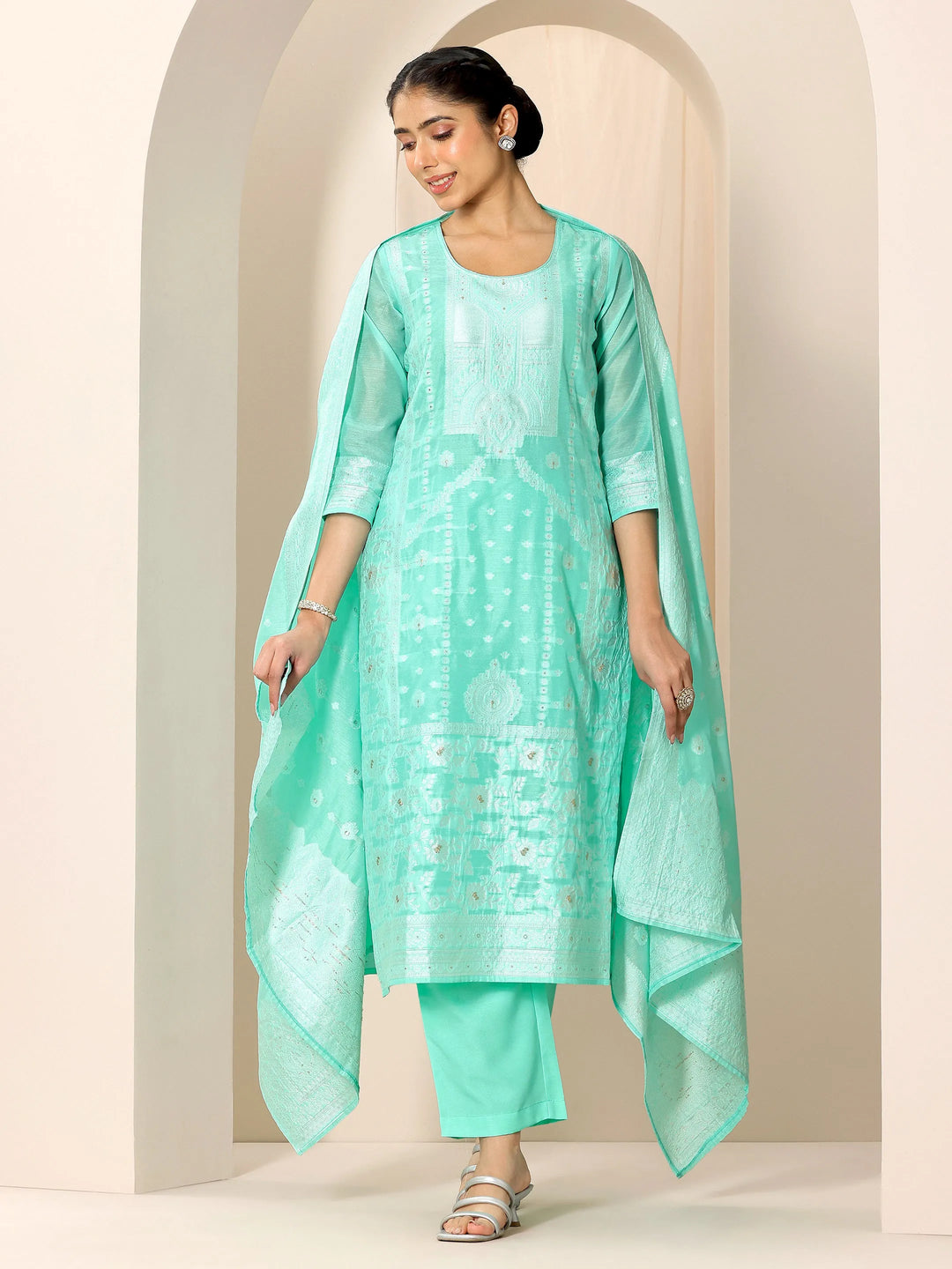  Turquoise Blue Woven Design Chanderi Silk Straight Suit Set With Dupatta 