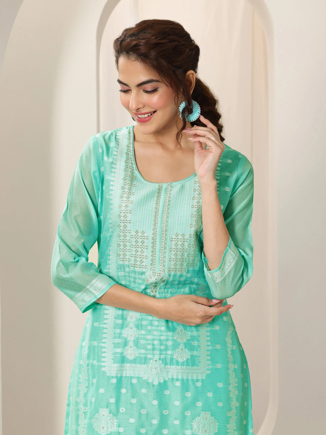  Turquoise Blue Woven Design Chanderi Silk Straight Suit Set With Dupatta 