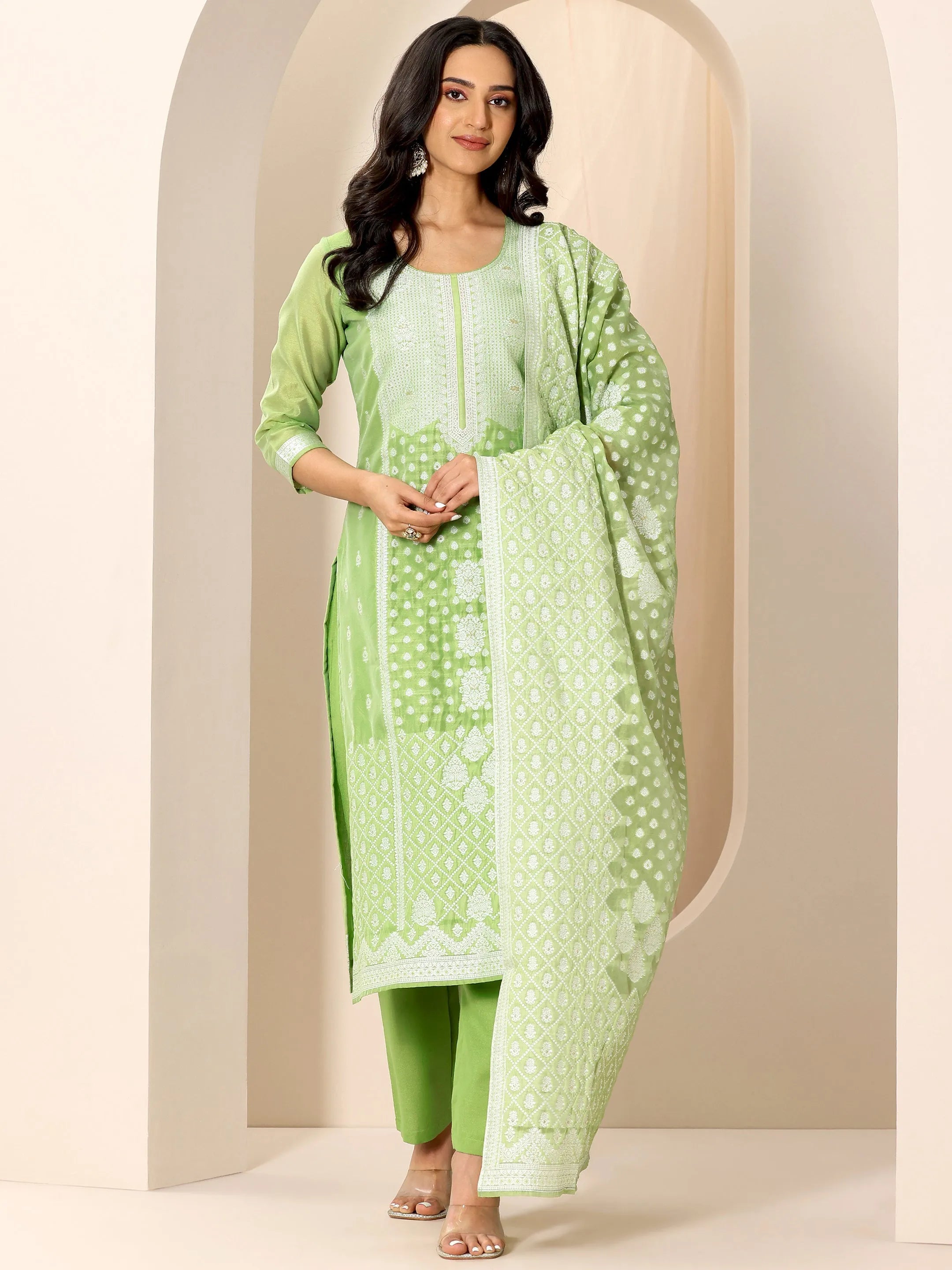 libas Green Woven Design Chanderi Silk Straight Suit Set With Dupatta-picture-20