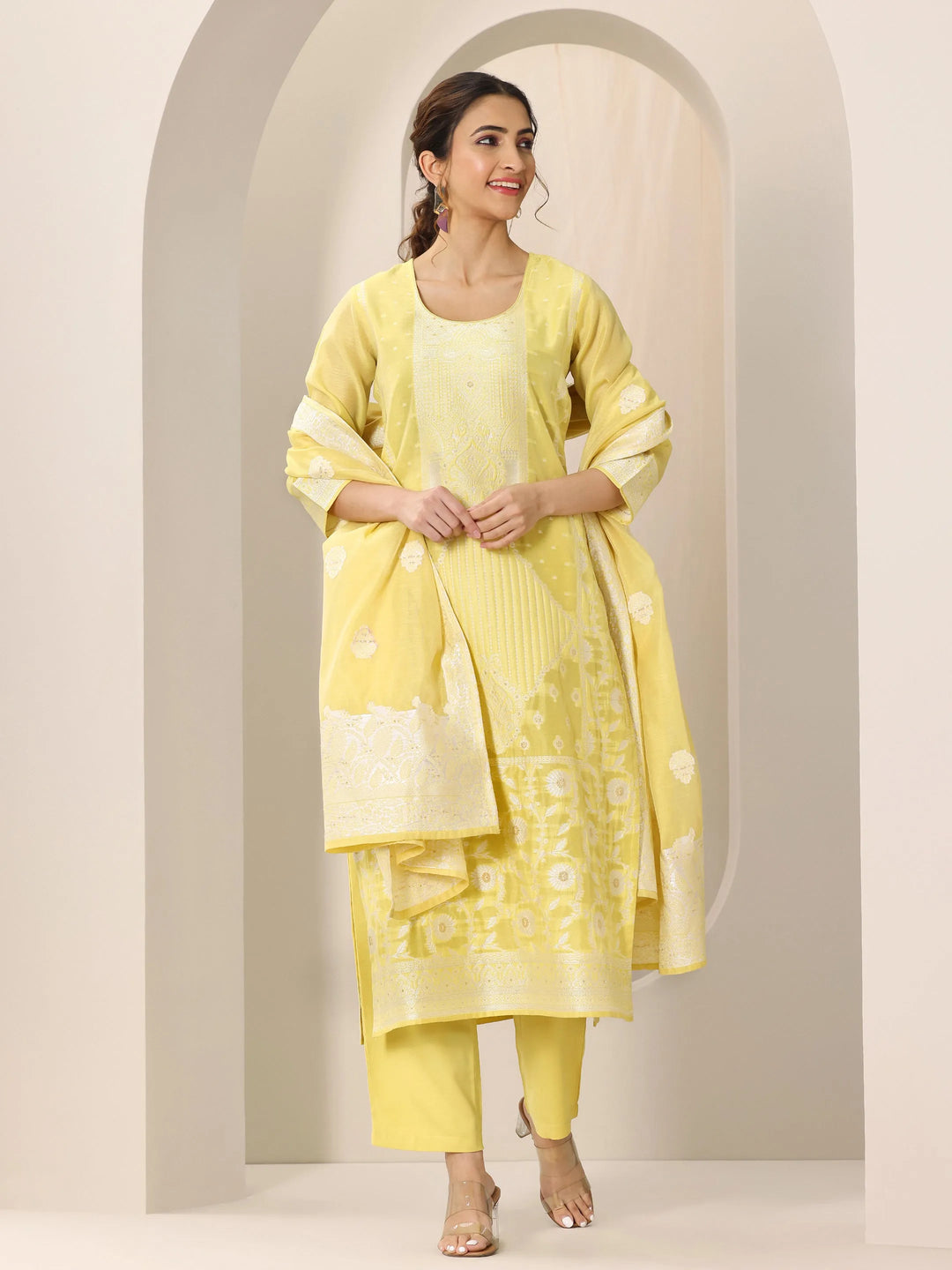  Yellow Woven Design Chanderi Silk Straight Suit Set With Dupatta 