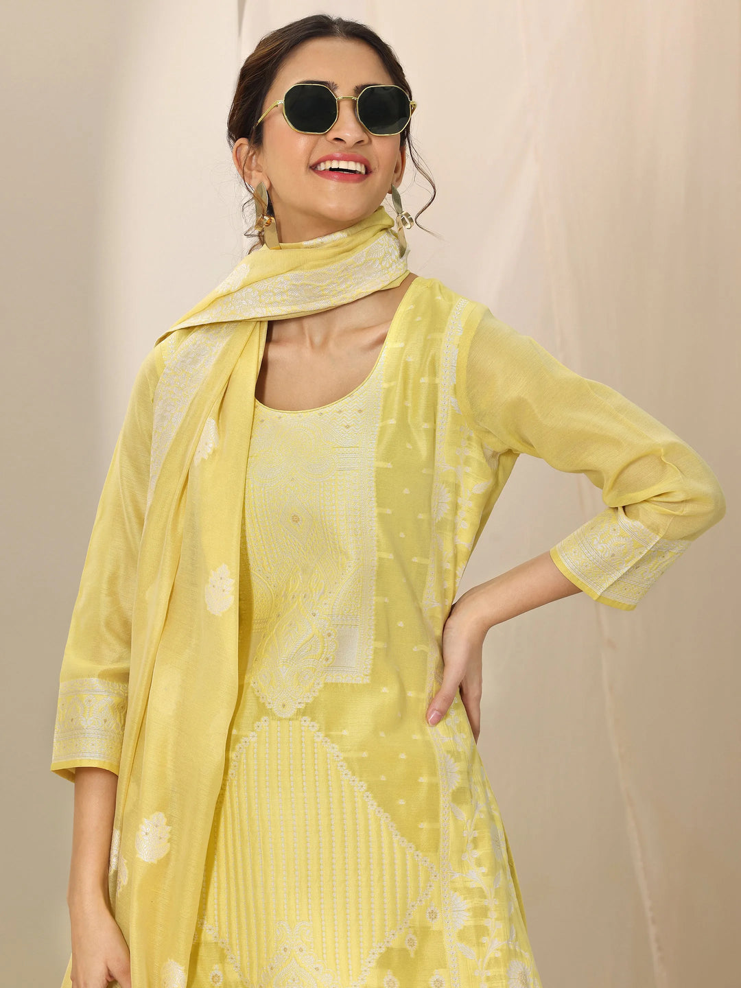  Yellow Woven Design Chanderi Silk Straight Suit Set With Dupatta 