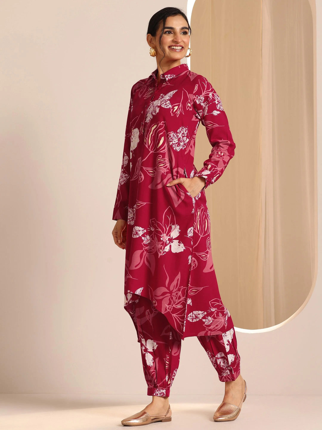  Pink Printed  Straight Kurta Set 