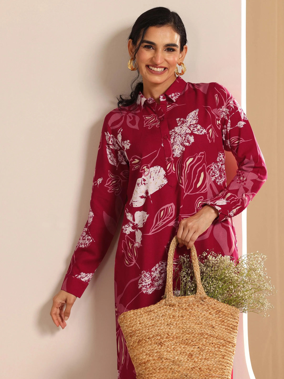  Pink Printed  Straight Kurta Set 