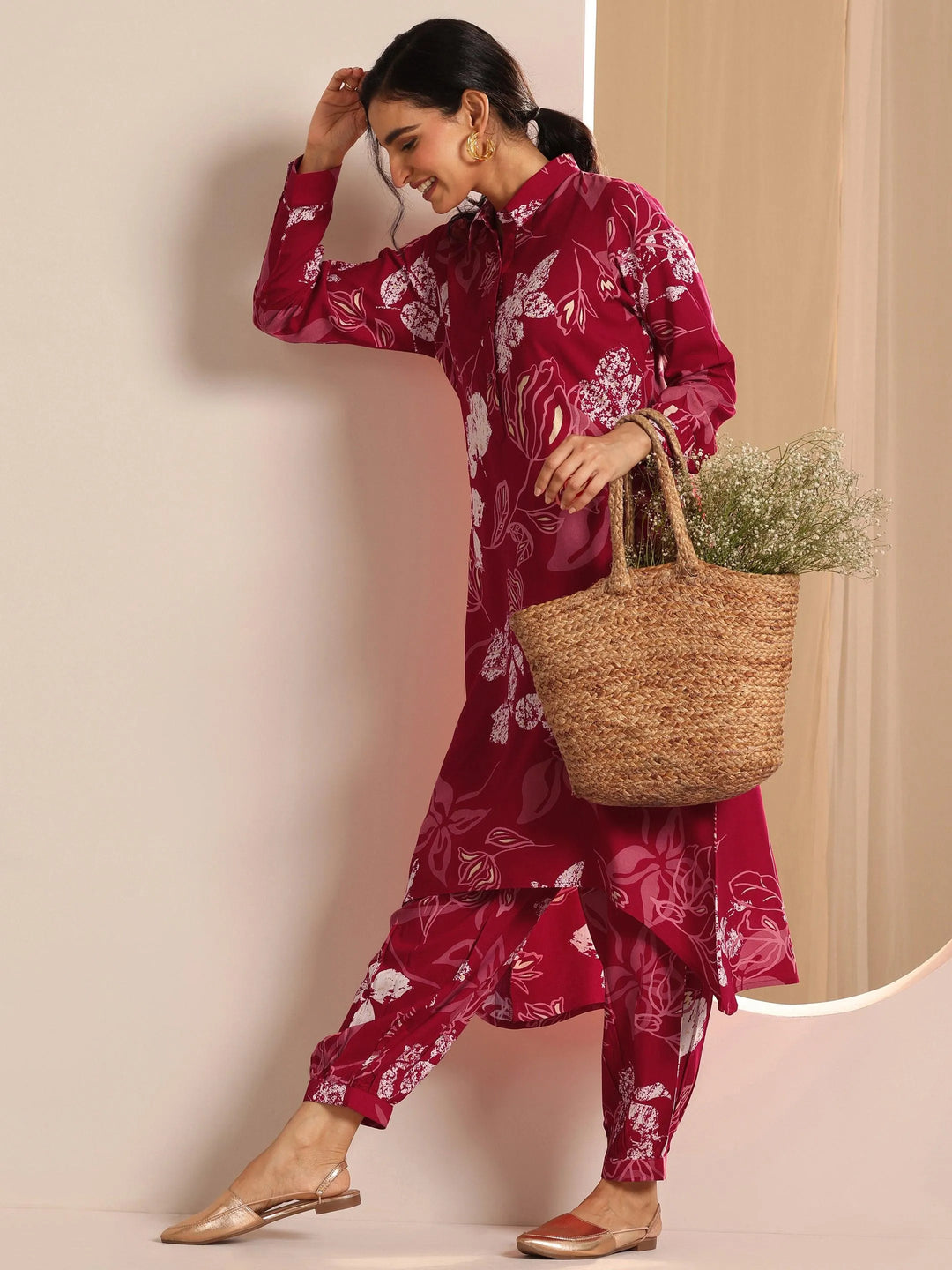  Pink Printed  Straight Kurta Set 