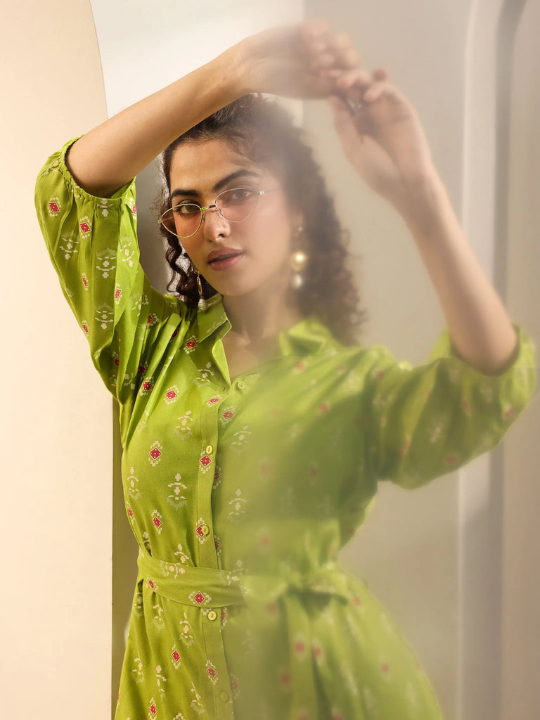 Libas Green Printed Rayon Straight Kurta Set