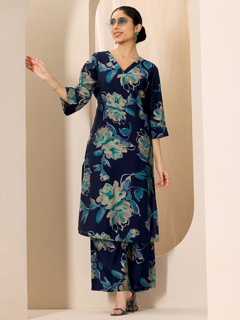 Libas Blue Printed Silk Blend Straight Kurta Set