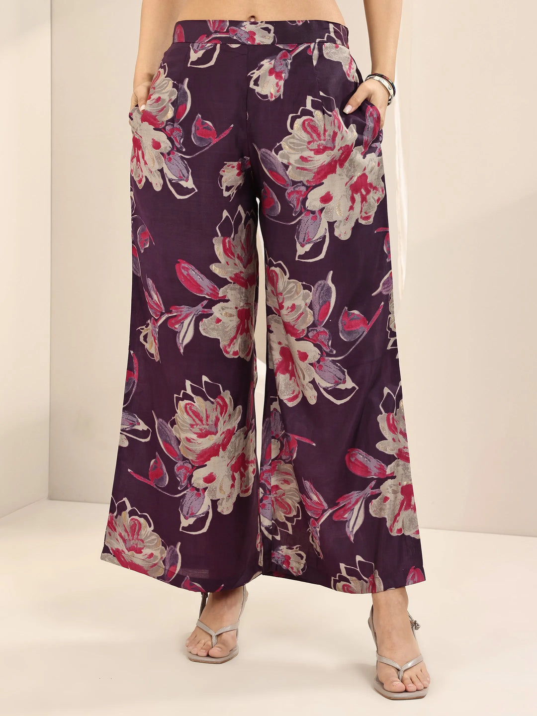  Burgundy Printed Silk Blend Straight Kurta Set 