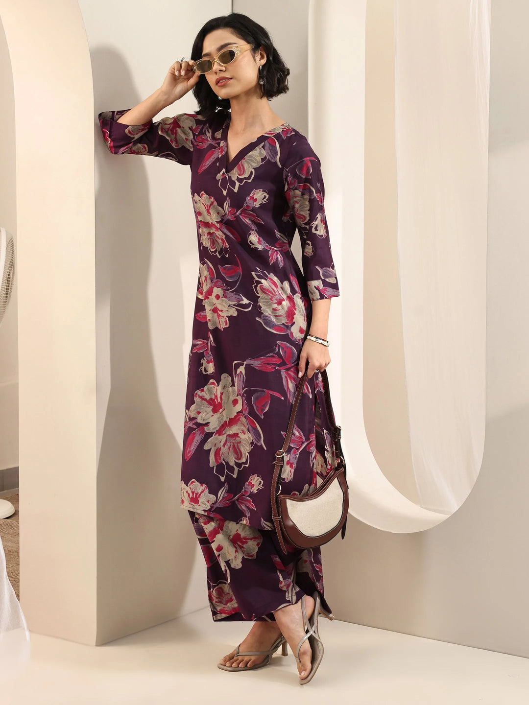  Burgundy Printed Silk Blend Straight Kurta Set 