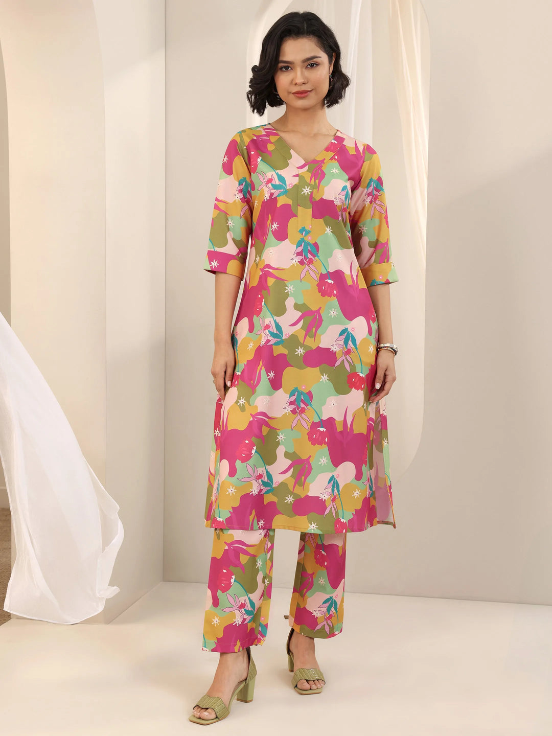  Multi Printed Cotton Blend Straight Kurta Set 