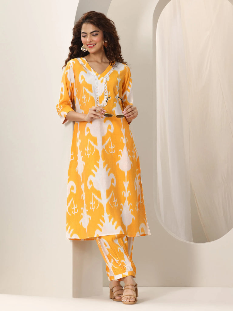Gerua Mustard Printed Silk Blend Straight Kurta Set