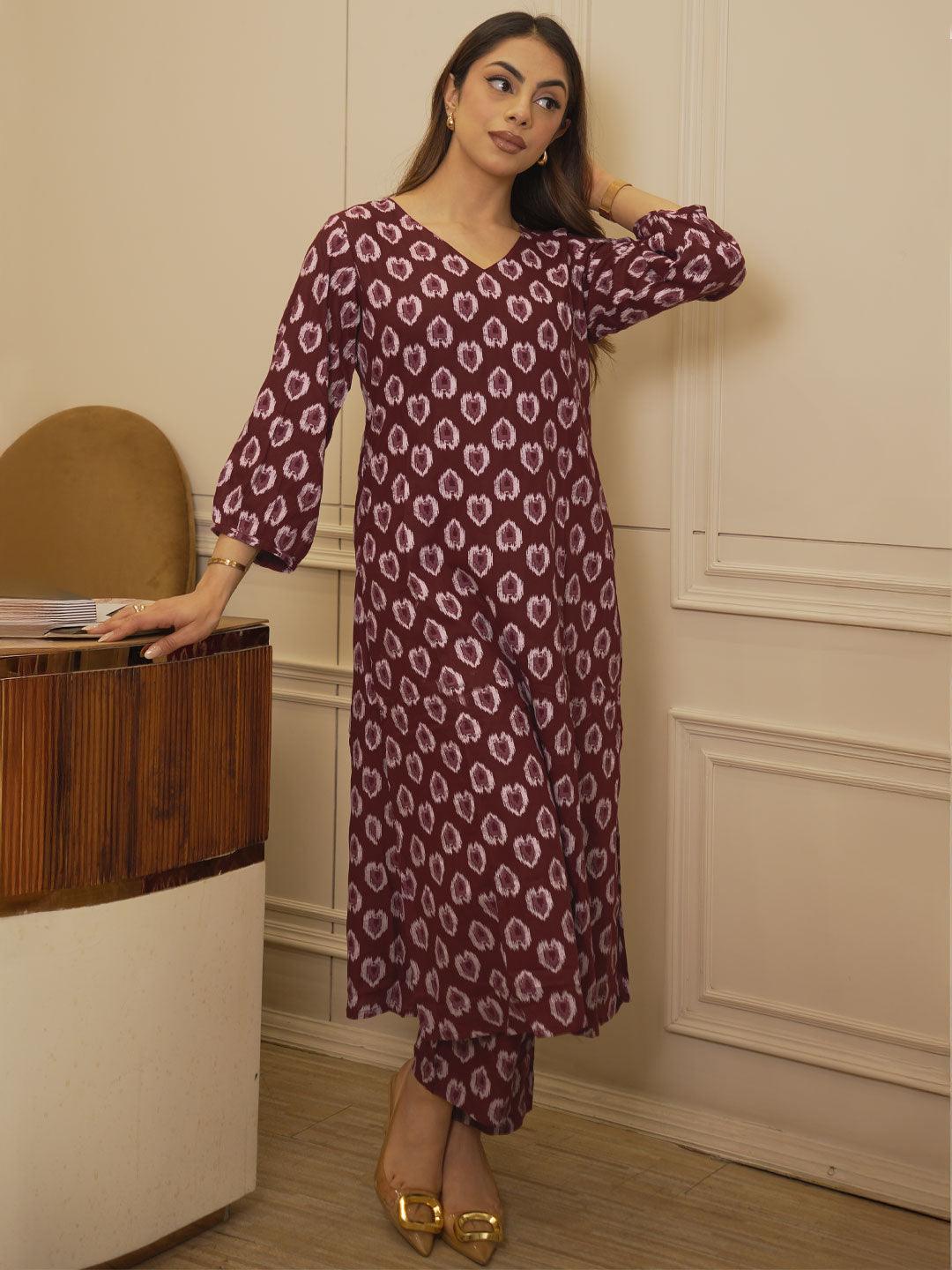 Maroon Printed Rayon Straight Kurta Set-image-20