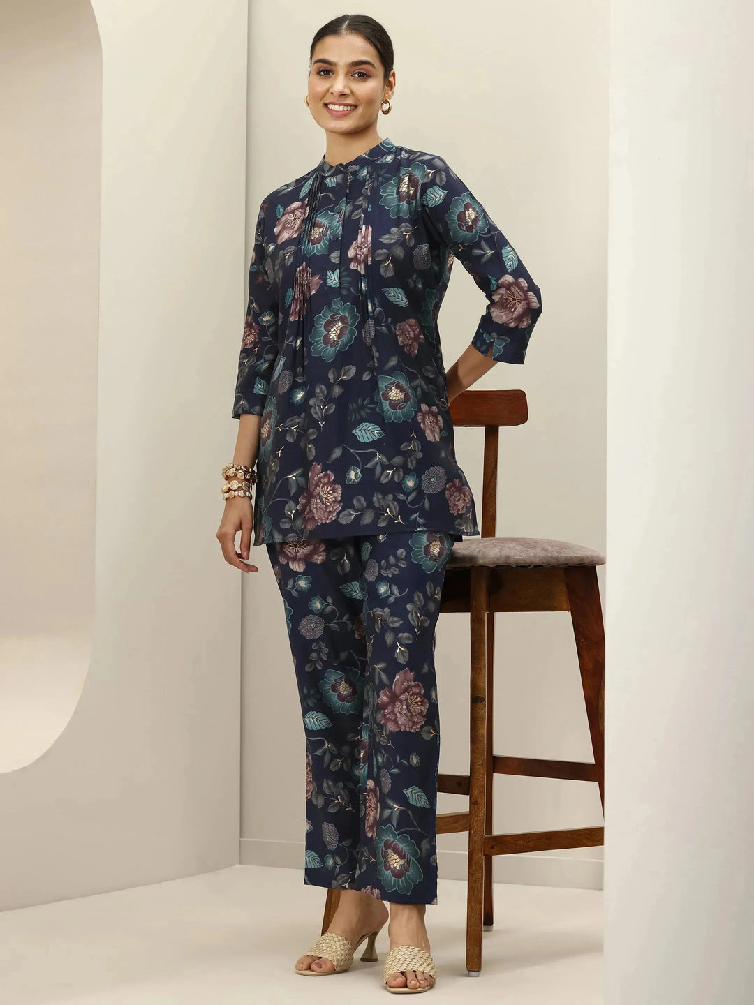 Blue Printed Silk Blend Co-Ord Sets