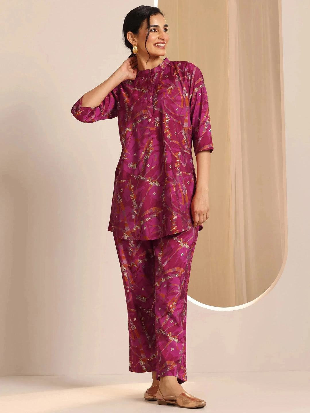  Hot Pink Printed Silk Blend Co-Ords Sets 