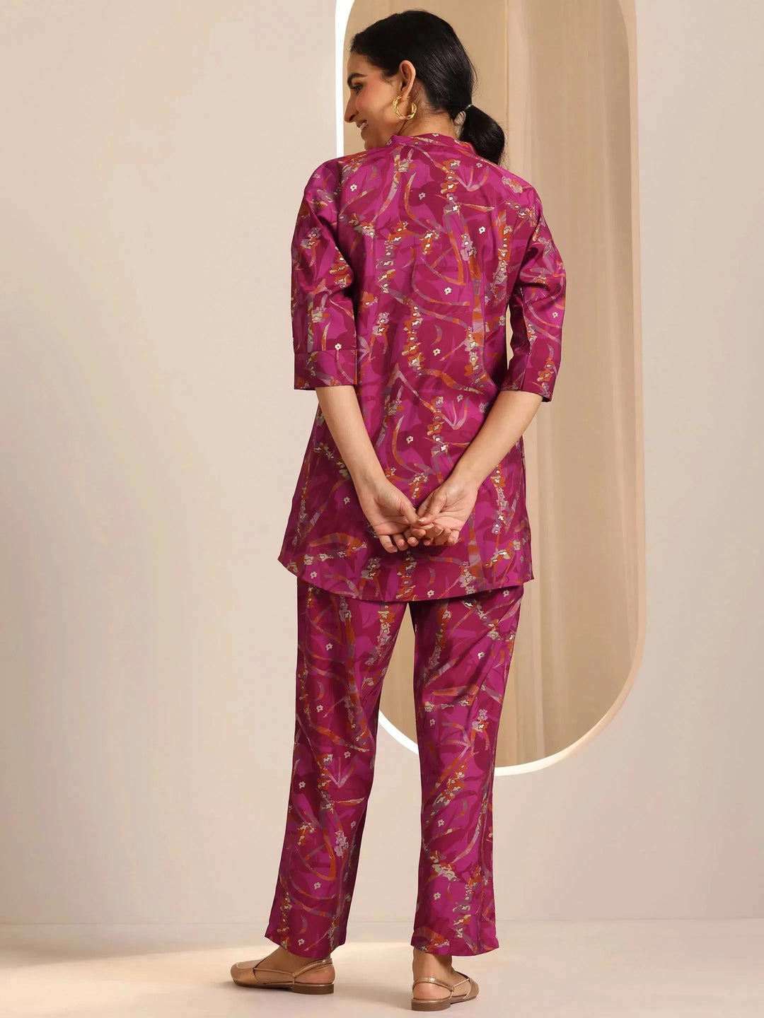  Hot Pink Printed Silk Blend Co-Ords Sets 