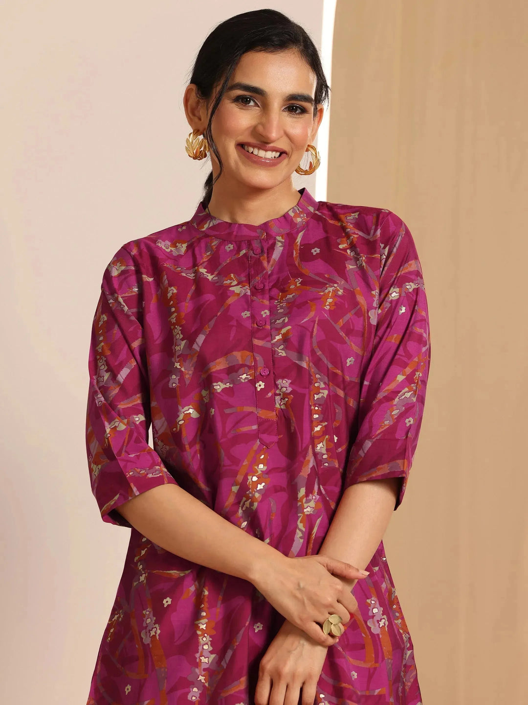  Hot Pink Printed Silk Blend Co-Ords Sets 