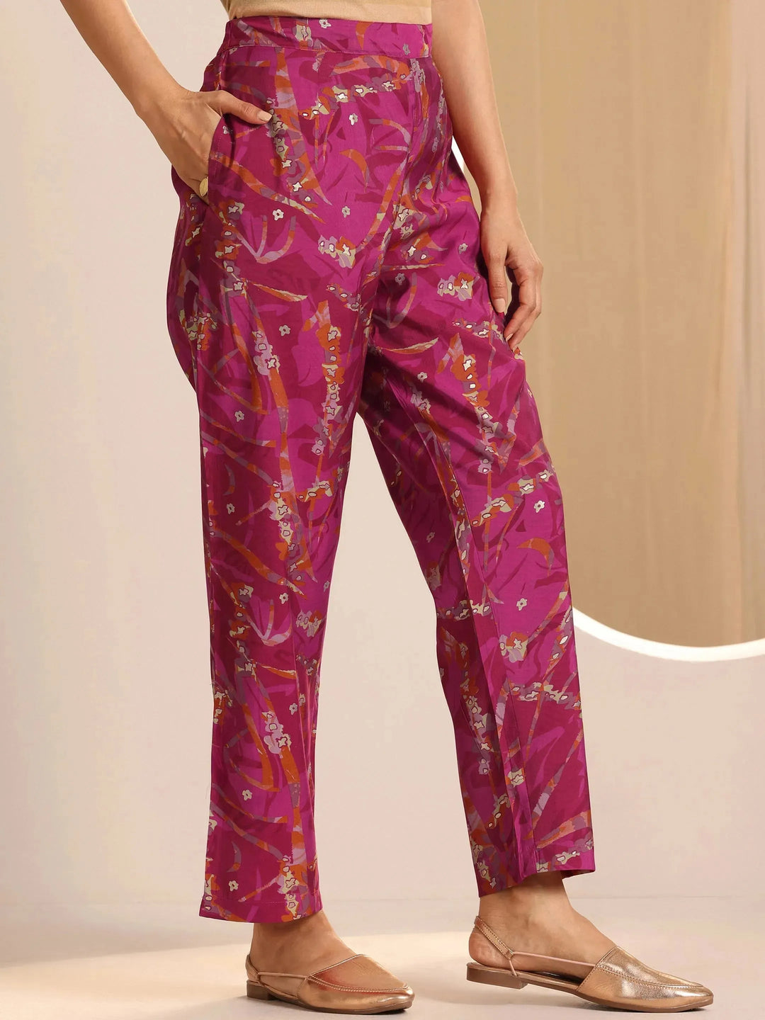  Hot Pink Printed Silk Blend Co-Ords Sets 