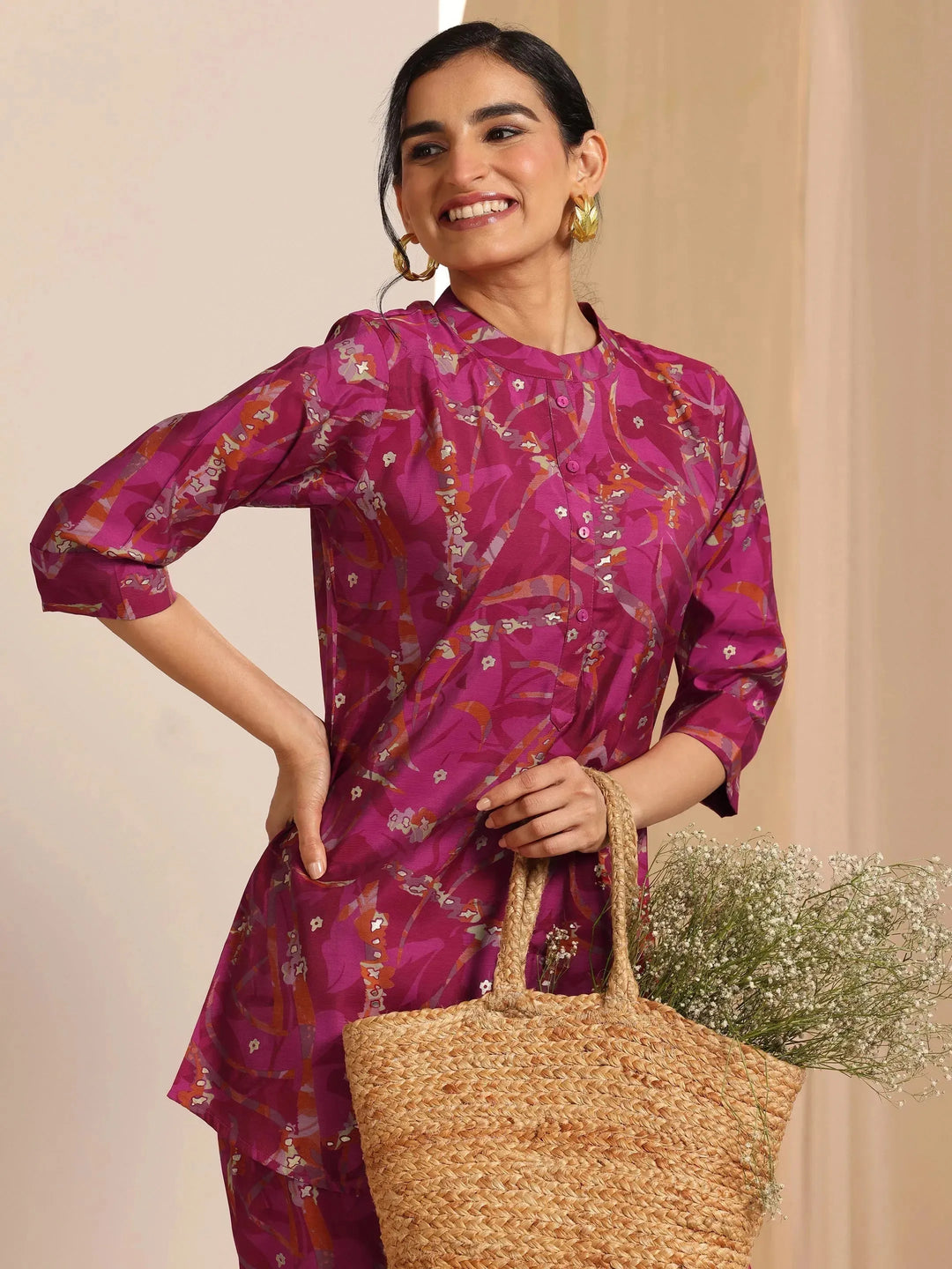  Hot Pink Printed Silk Blend Co-Ords Sets 