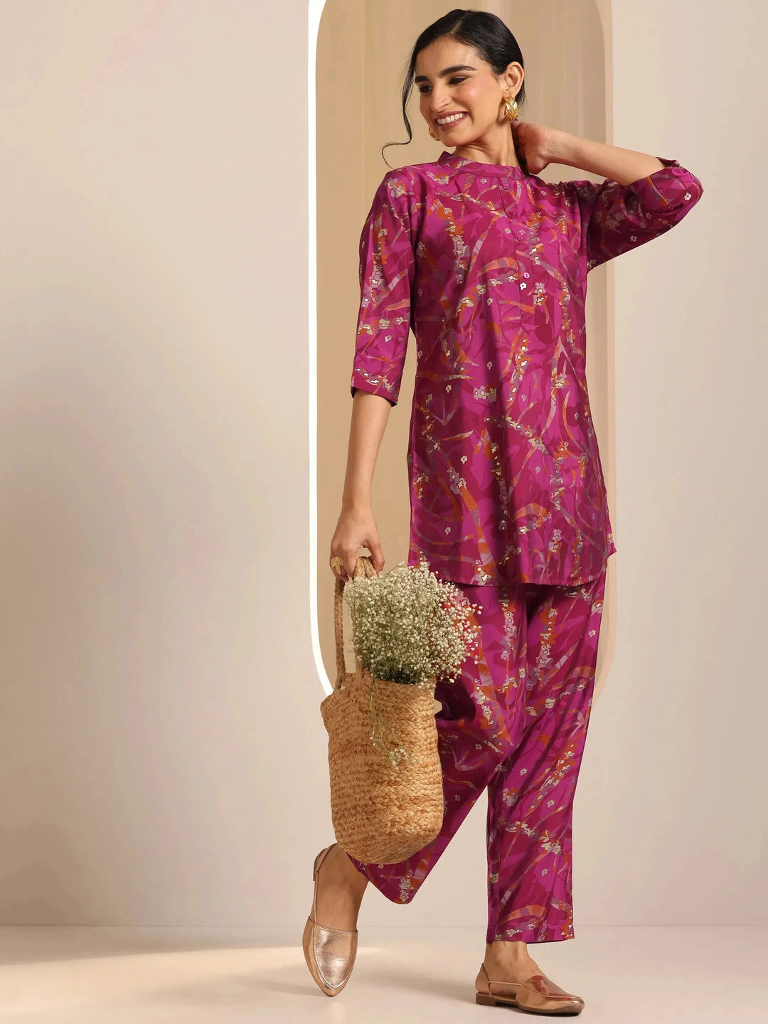  Hot Pink Printed Silk Blend Co-Ords Sets 