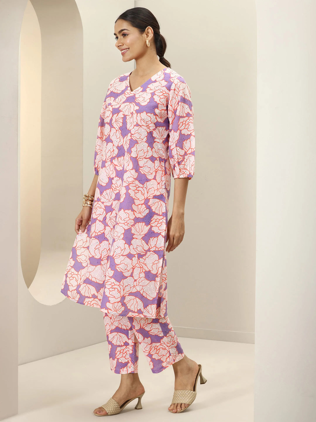  Purple Printed Cotton Straight Kurta Set 
