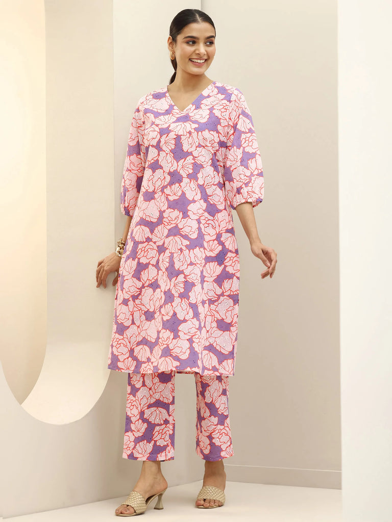 Gerua Purple Printed Cotton Blend Straight Kurta Set