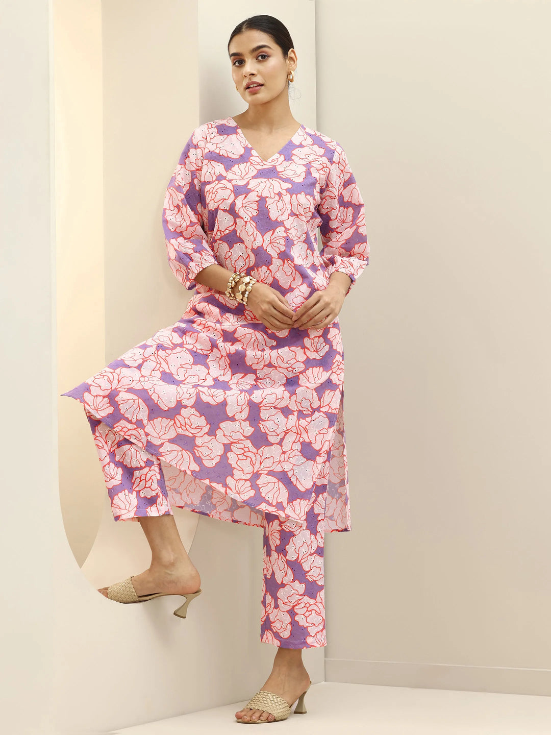  Purple Printed Cotton Straight Kurta Set 