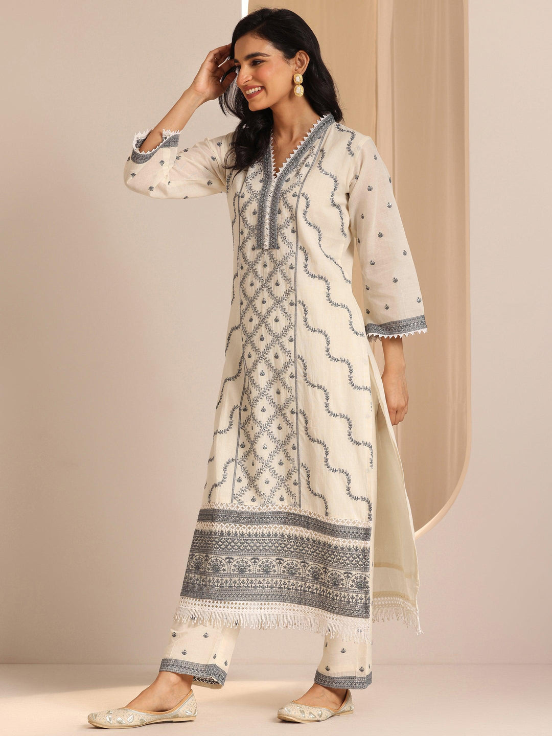  Off White Embroidered Cotton Straight Suit Set With Dupatta 