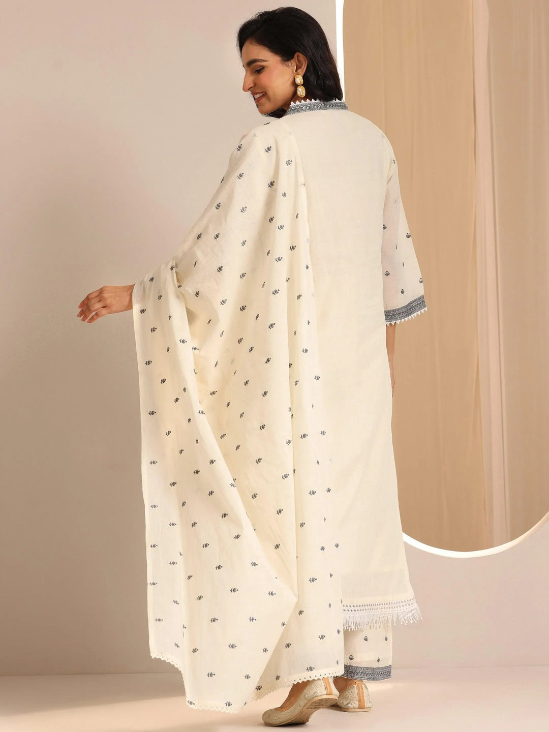  Off White Embroidered Cotton Straight Suit Set With Dupatta 