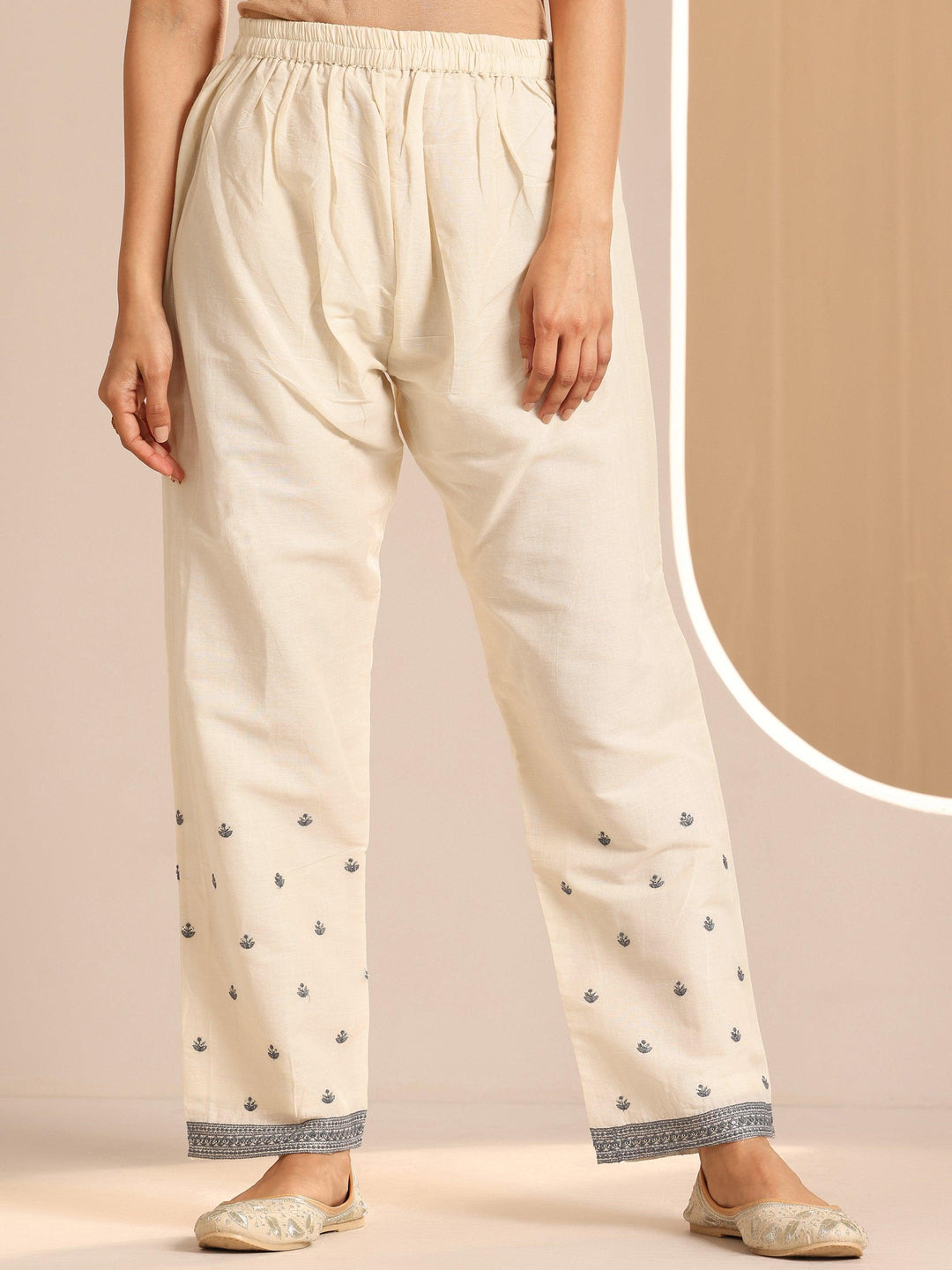  Off White Embroidered Cotton Straight Suit Set With Dupatta 