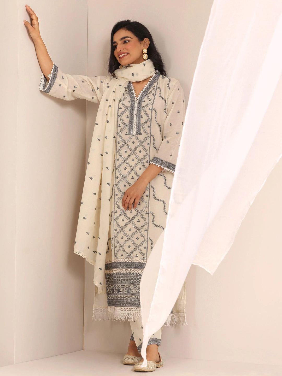 Off White Embroidered Cotton Straight Suit Set With Dupatta