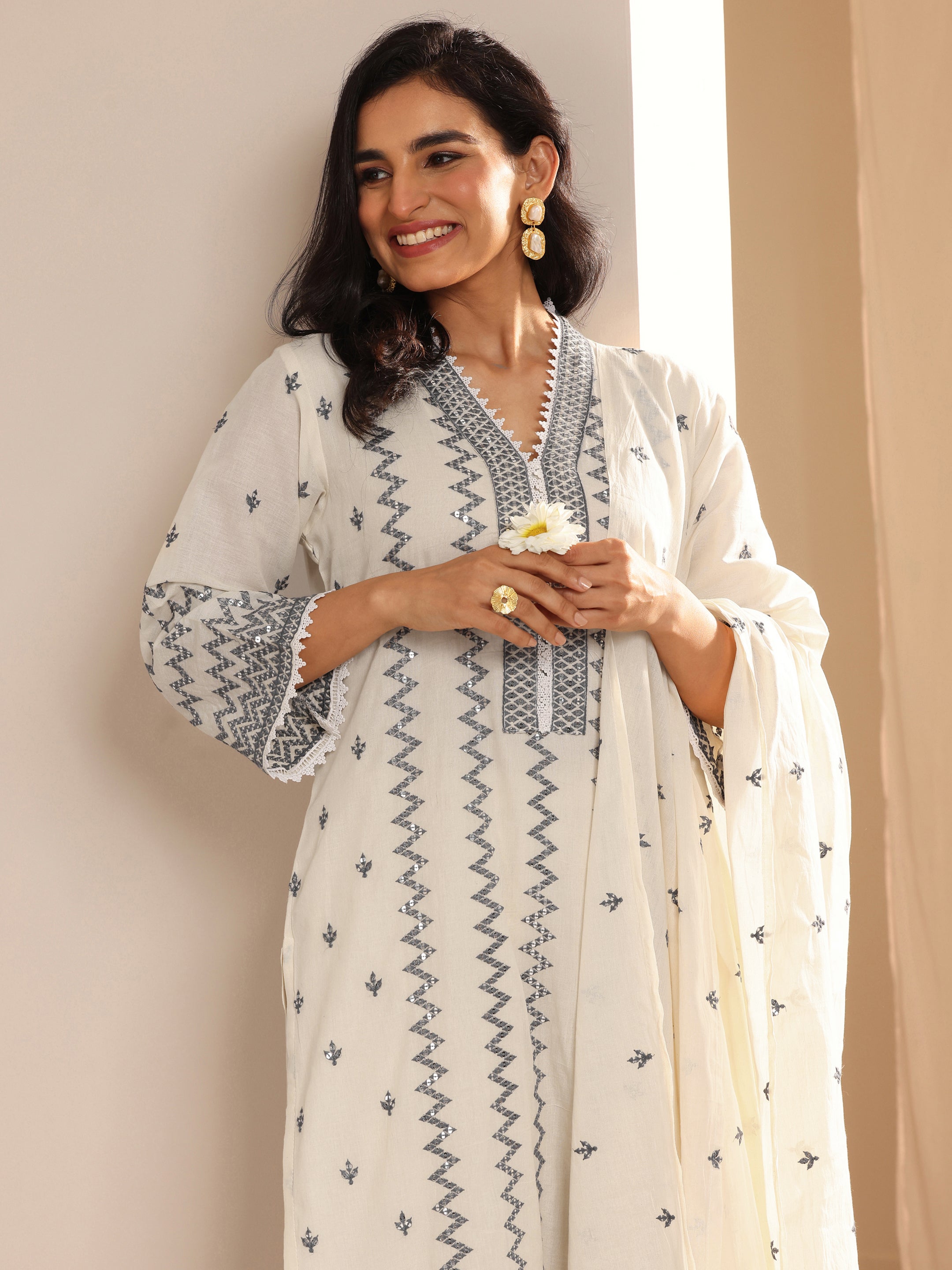 libas Off White Embroidered Cotton Straight Suit Set With Dupatta-picture-11