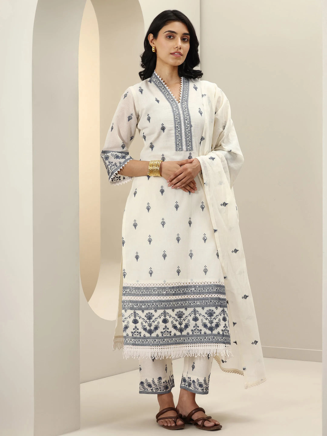 Off White Embroidered Cotton Straight Suit Sets With Dupatta