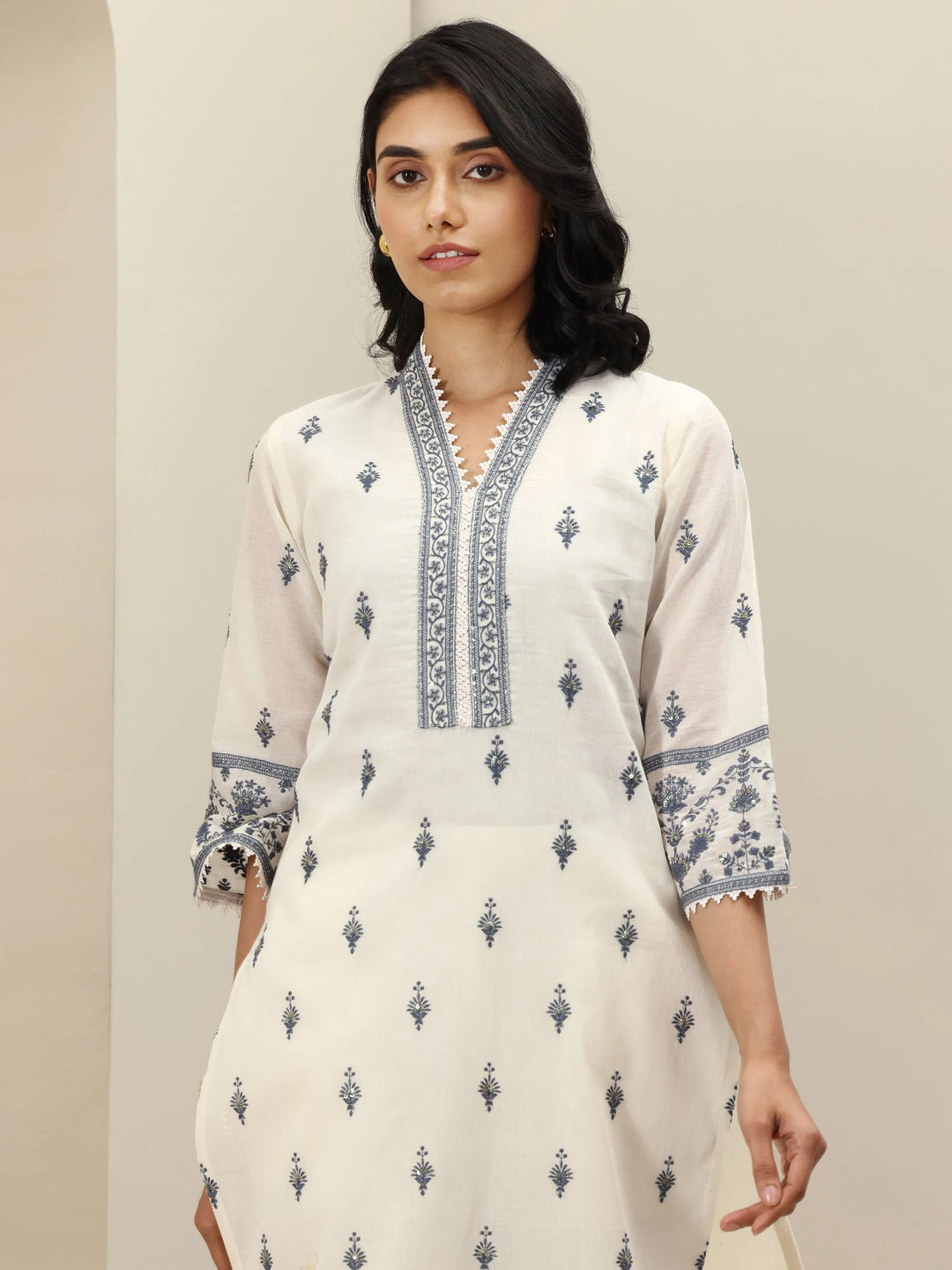  Off White Embroidered Cotton Straight Suit Sets With Dupatta 