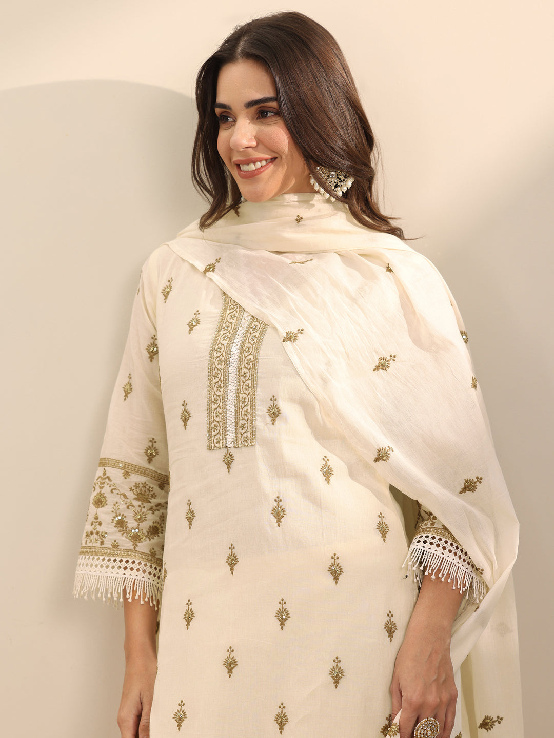 Off White Embroidered Cotton Straight Suit Set With Dupatta
