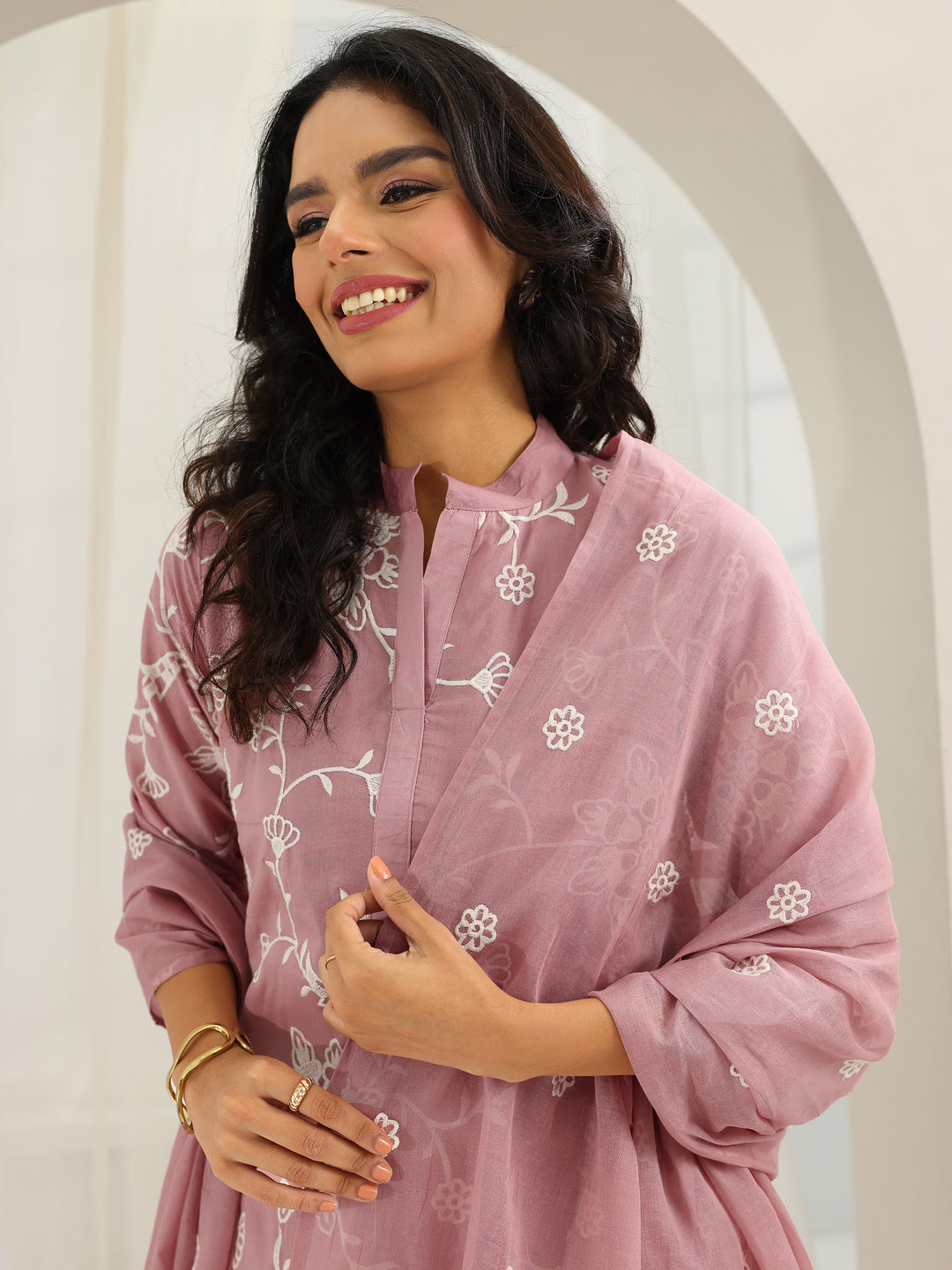  Pink Embroidered Cotton Straight Suit Set With Dupatta 