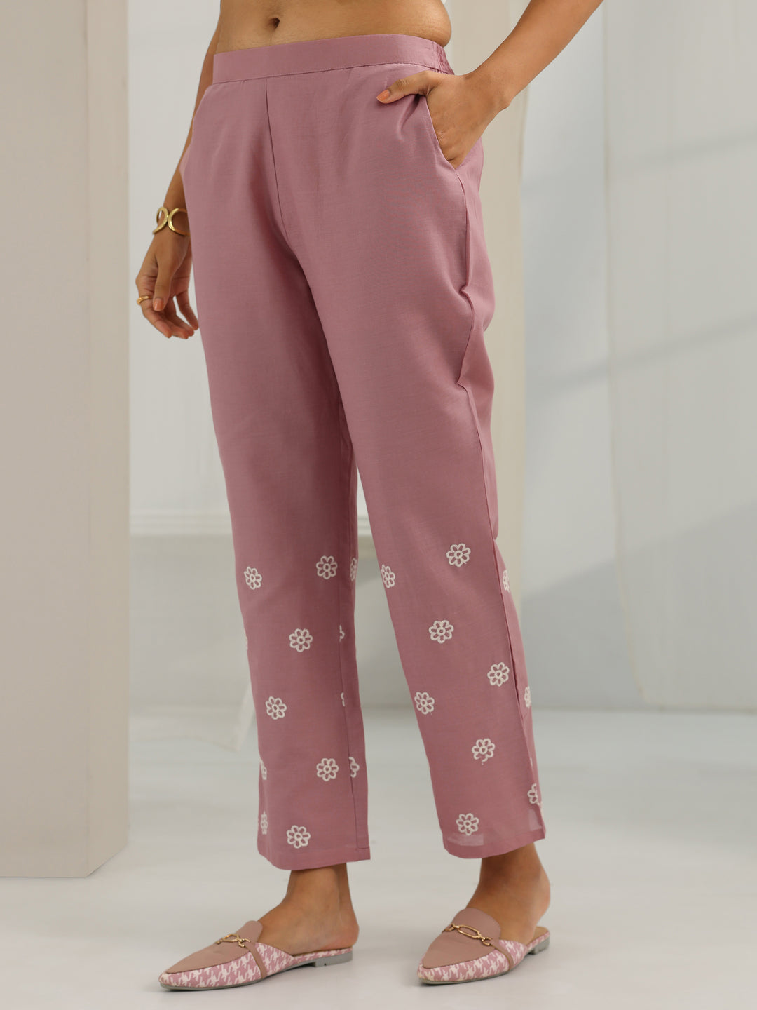  Pink Embroidered Cotton Straight Suit Set With Dupatta 