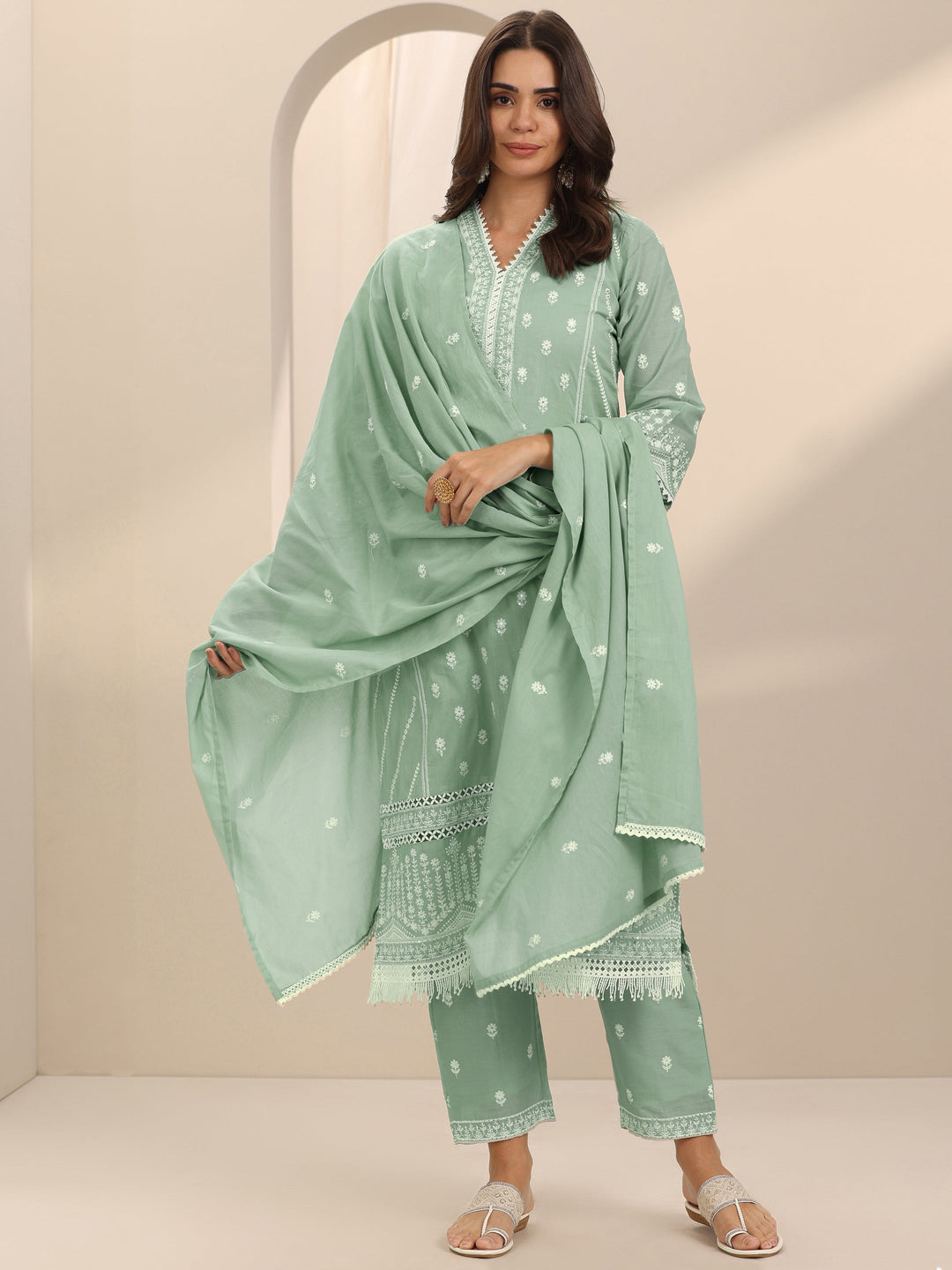  Green Embroidered Cotton Straight Suit Set With Dupatta 