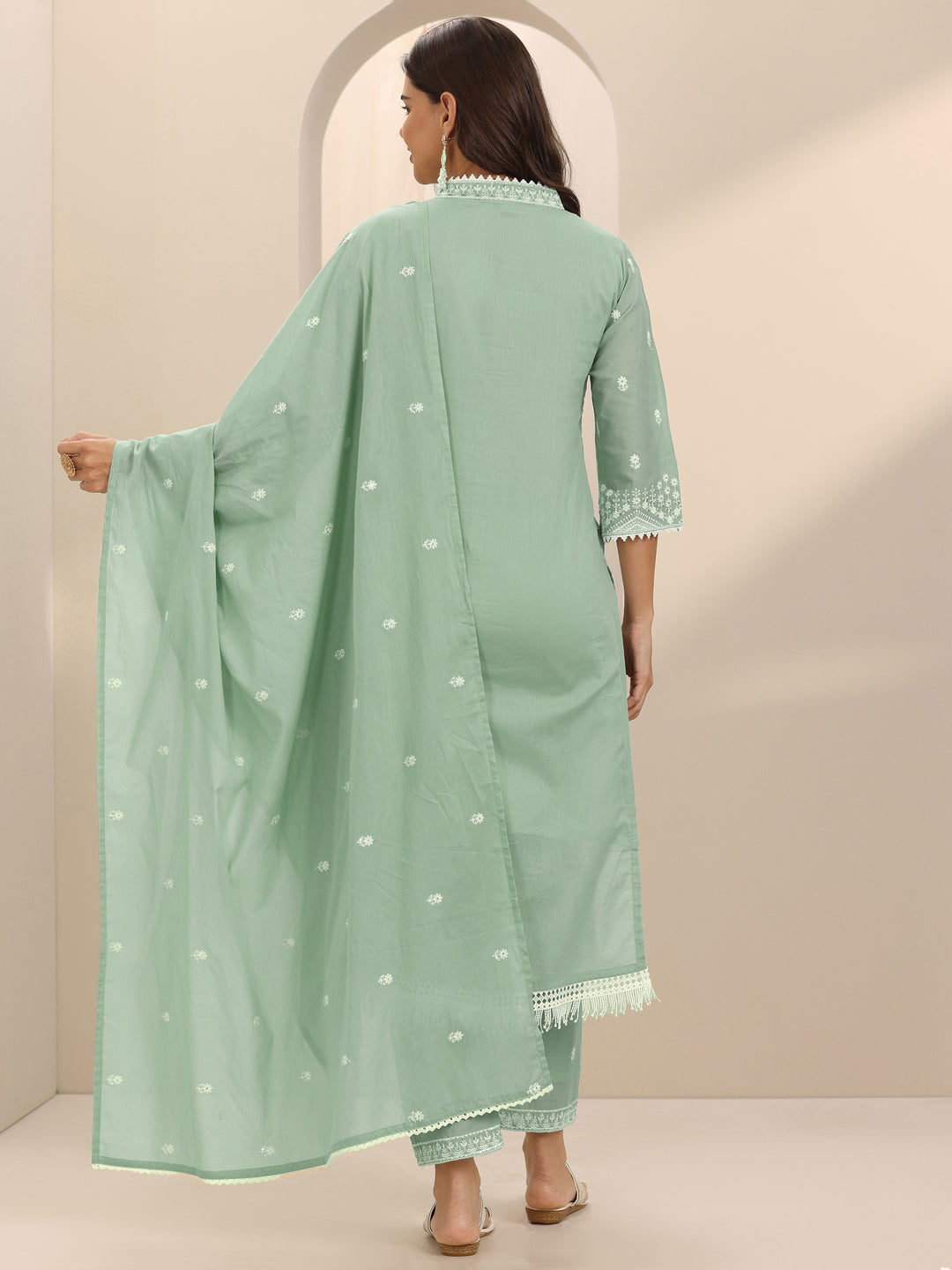  Green Embroidered Cotton Straight Suit Set With Dupatta 