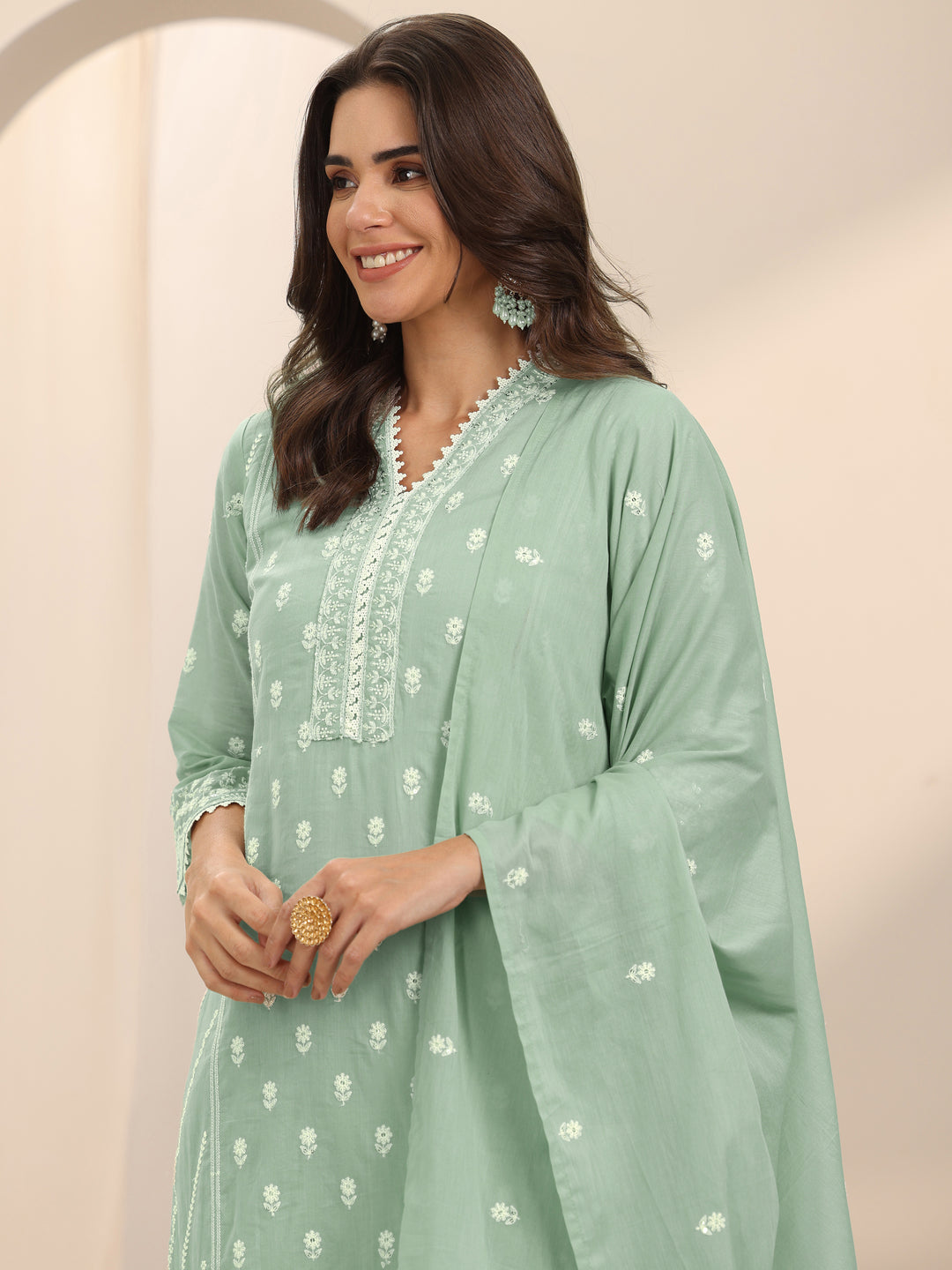  Green Embroidered Cotton Straight Suit Set With Dupatta 