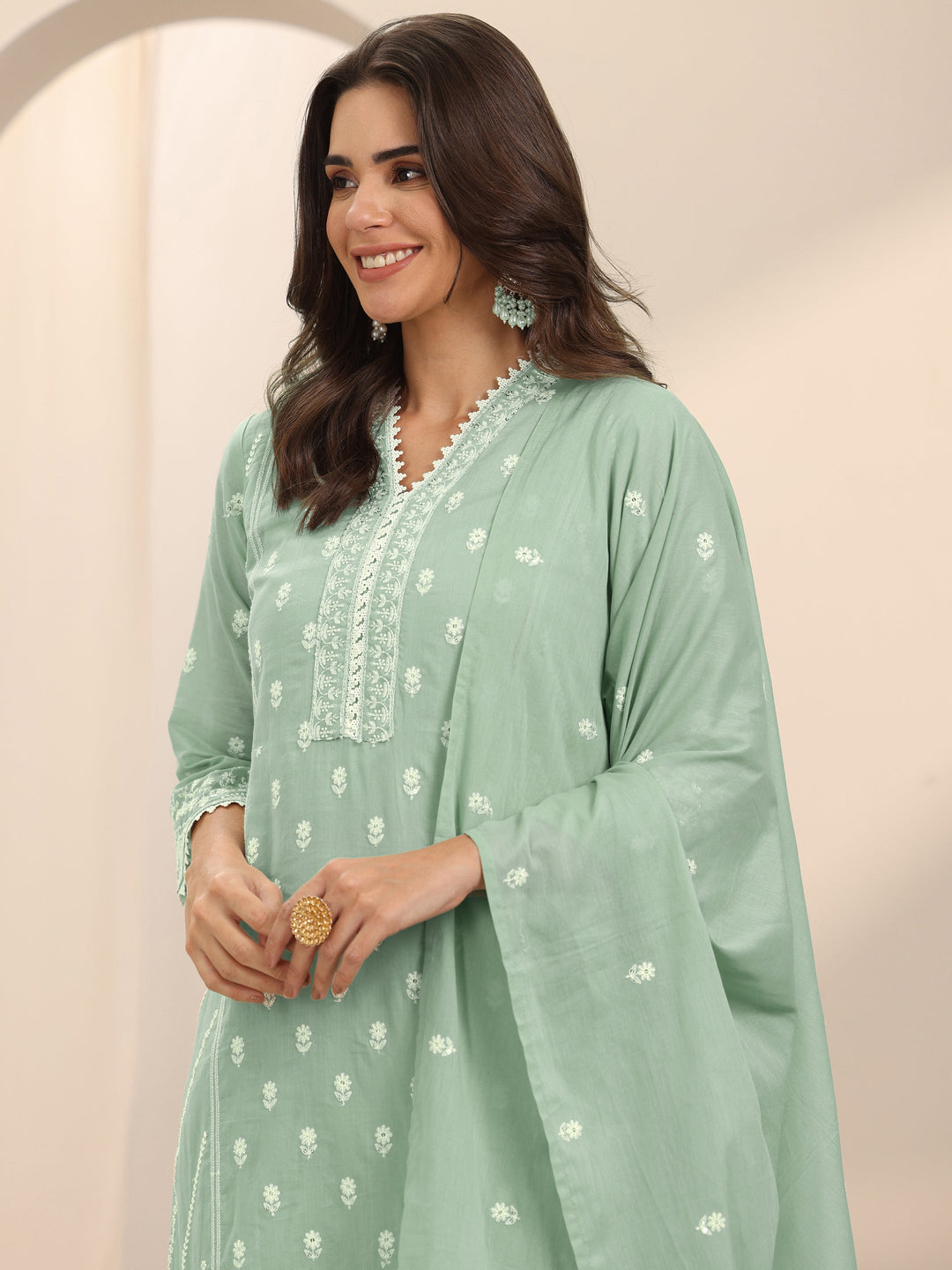  Green Embroidered Cotton Straight Suit Set With Dupatta 